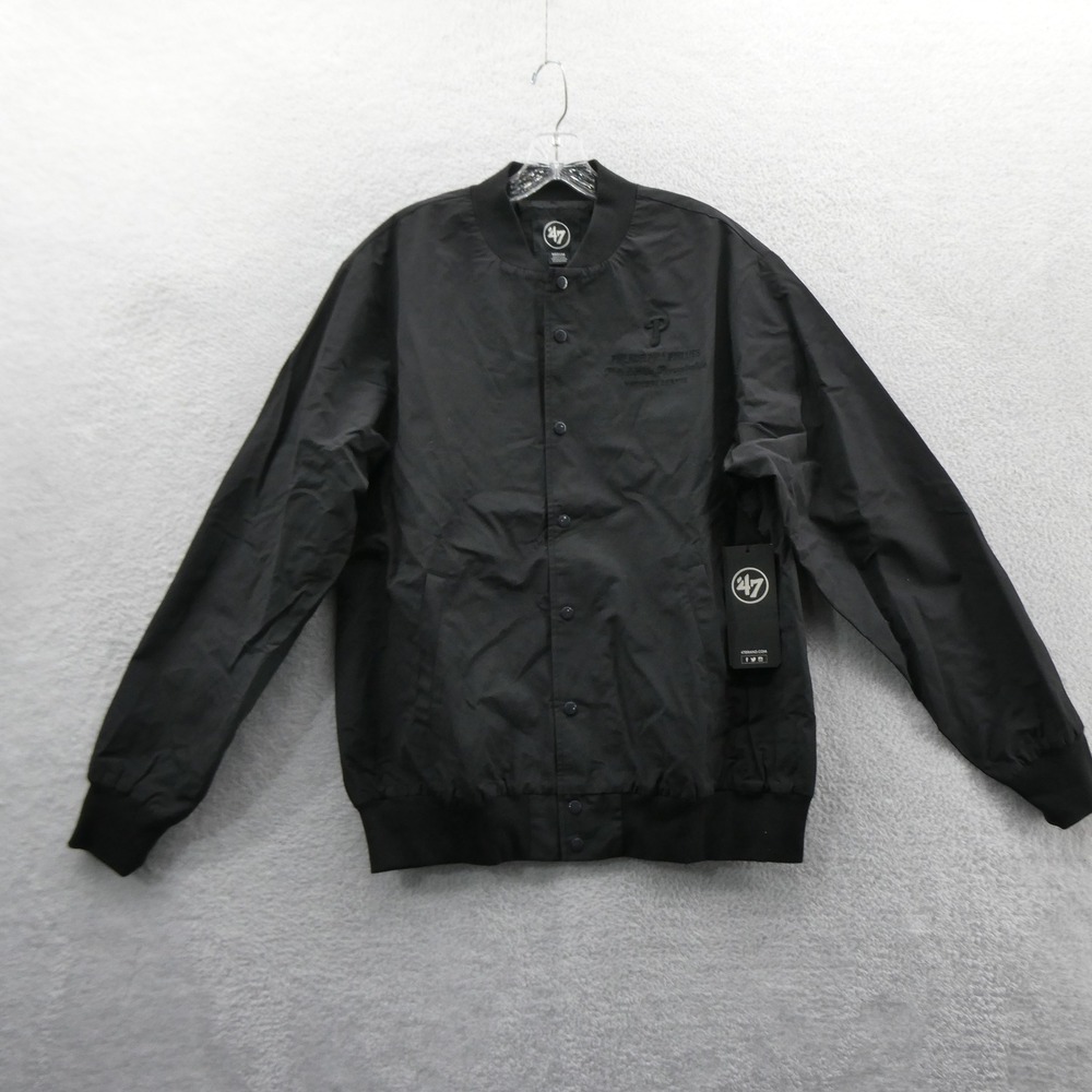 47 Brand Jacket Mens Medium Philadelphia Phillies Black Snap Front Bomber 12453